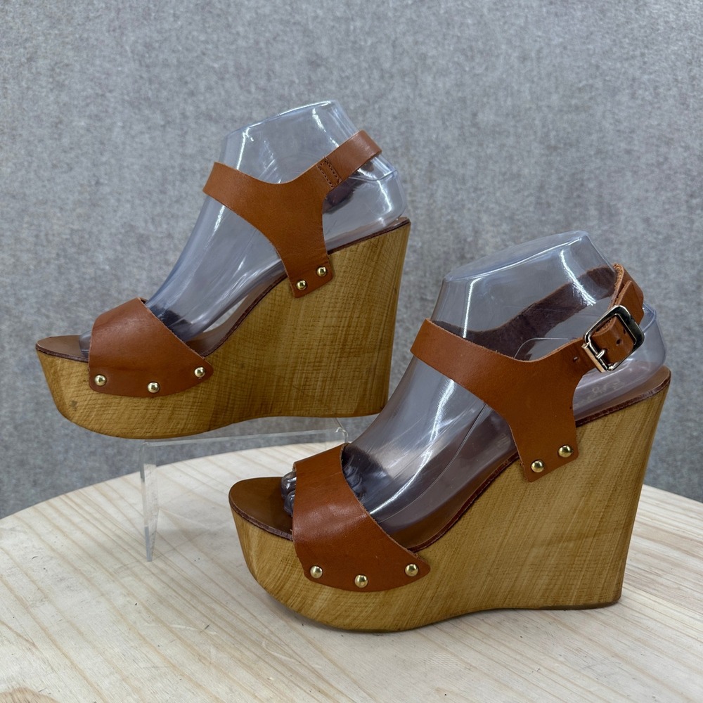 Seychelles Ciao Wedge Sandals Womens 8.5 Brown Leather Wood Platform Studded